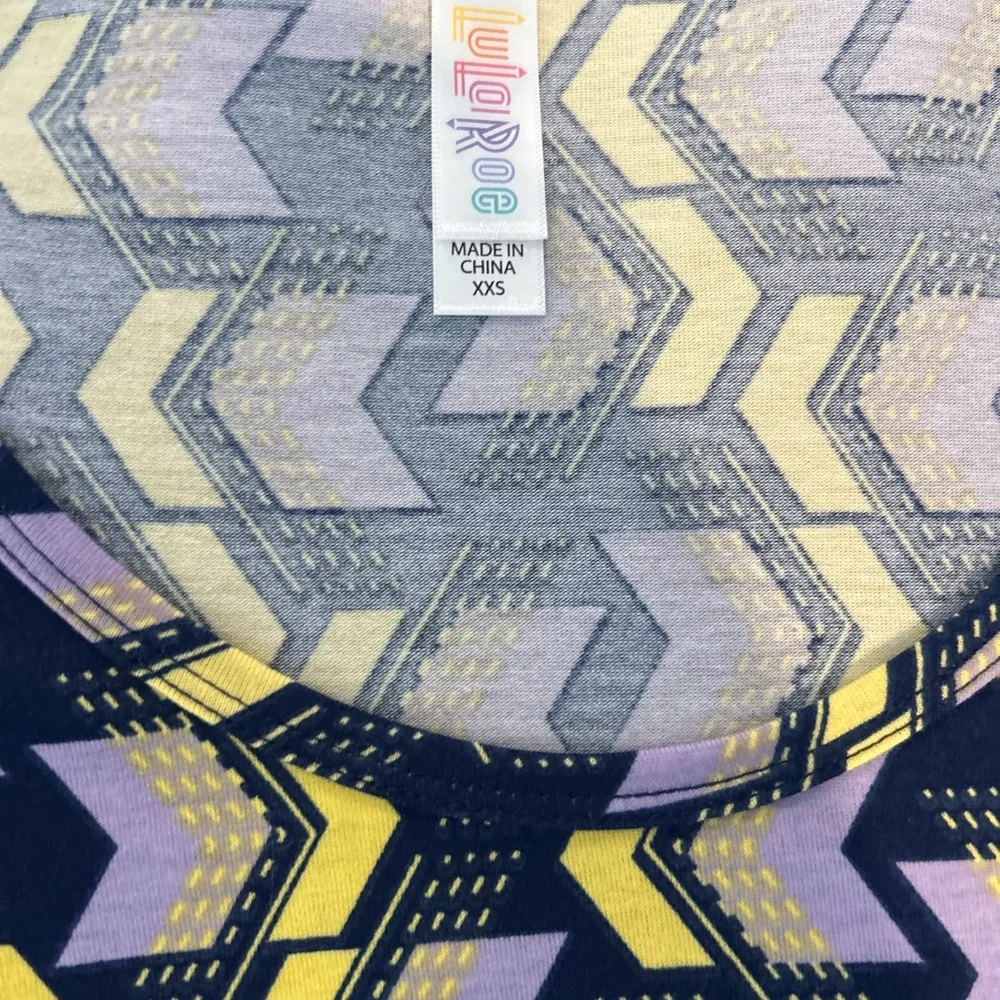 LuLaRoe Perfect Tee XXS Navy Blue Purple Yellow Chevron NWT